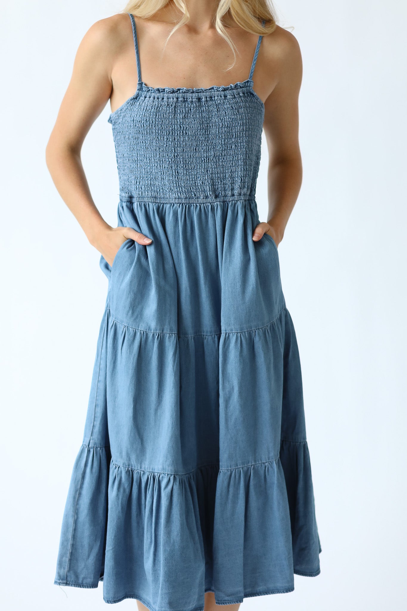 COWBOY KISSES DENIM TIERED DRESS