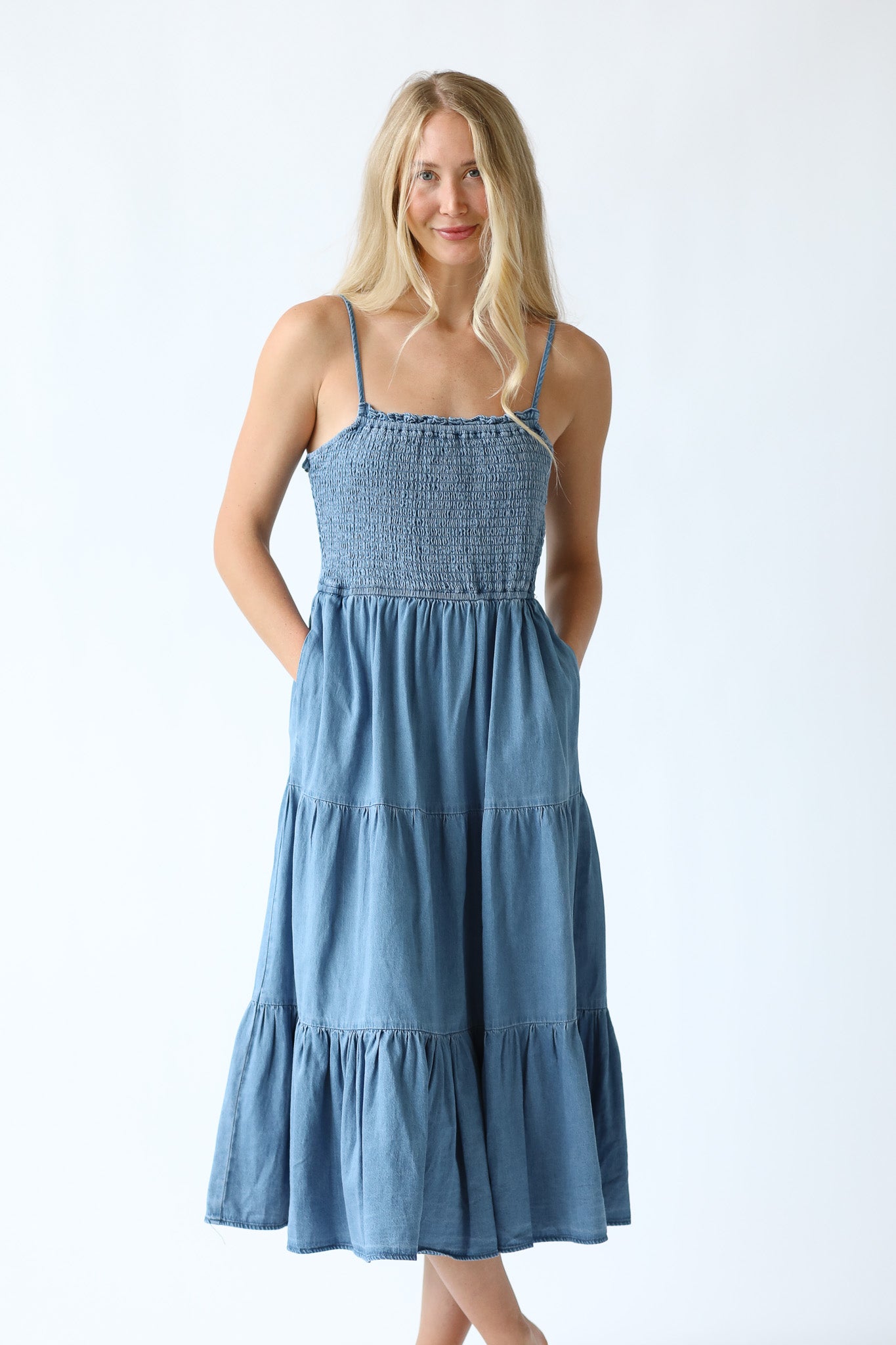 COWBOY KISSES DENIM TIERED DRESS