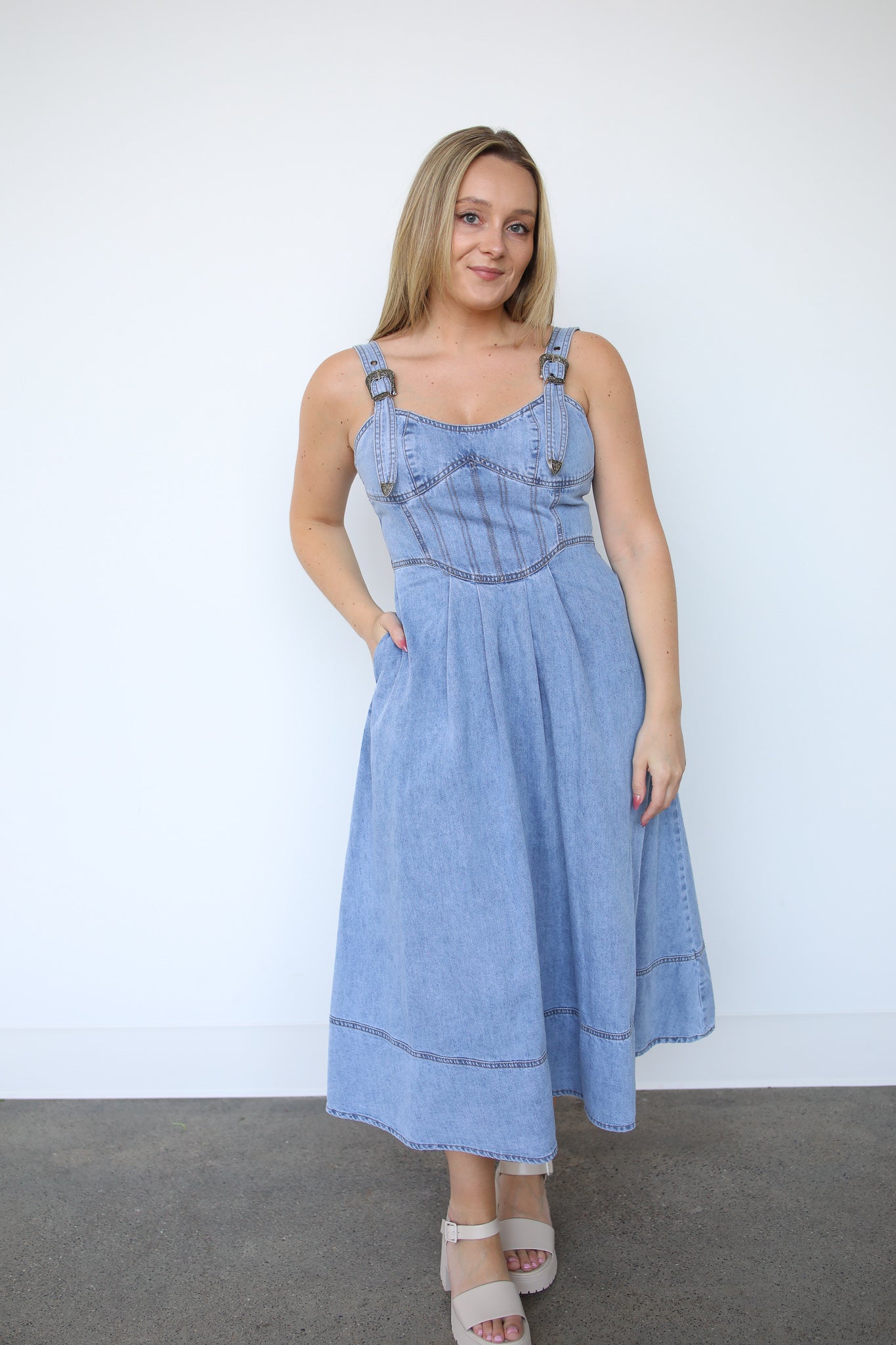 buckle strap denim dress Women's Blue B Light Wash Embellished Buckle Strap Denim Mini Dress