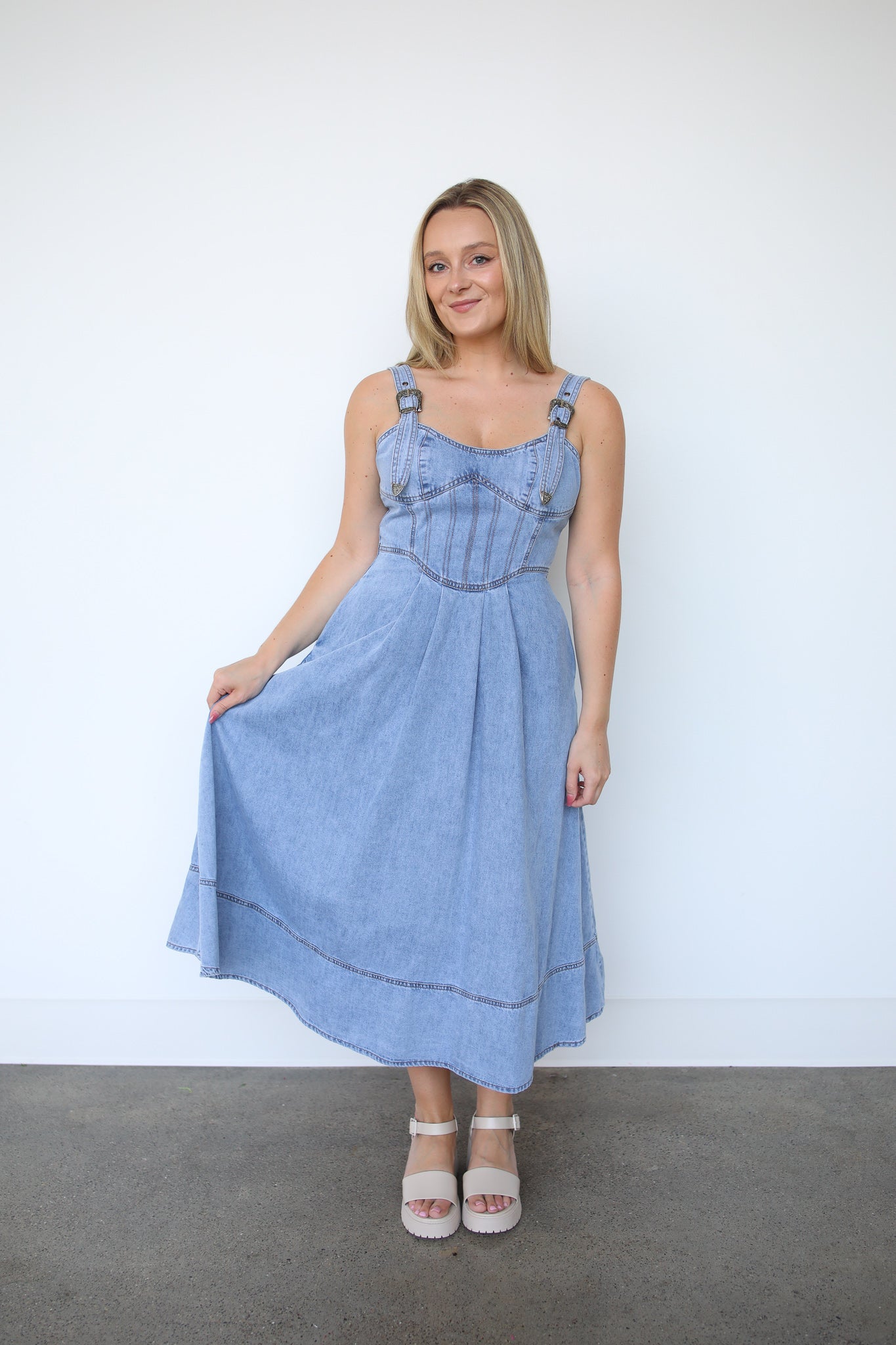 blue ivy denim dress Worth The Wait Denim Midi Dress Small