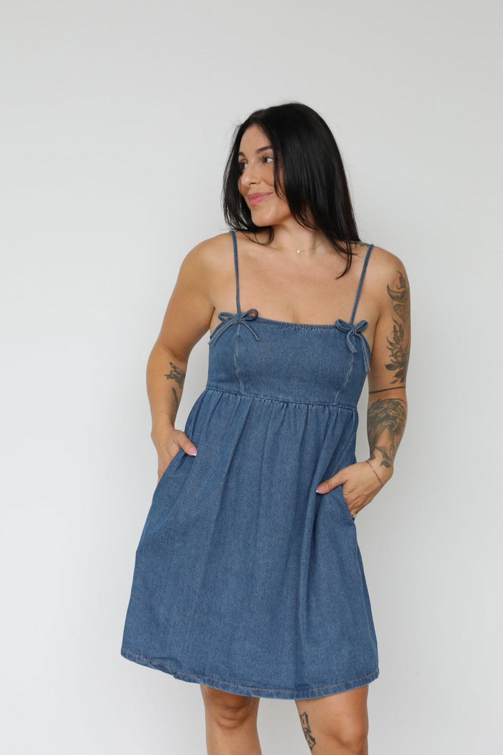 DENIM BOW DETAIL DRESS