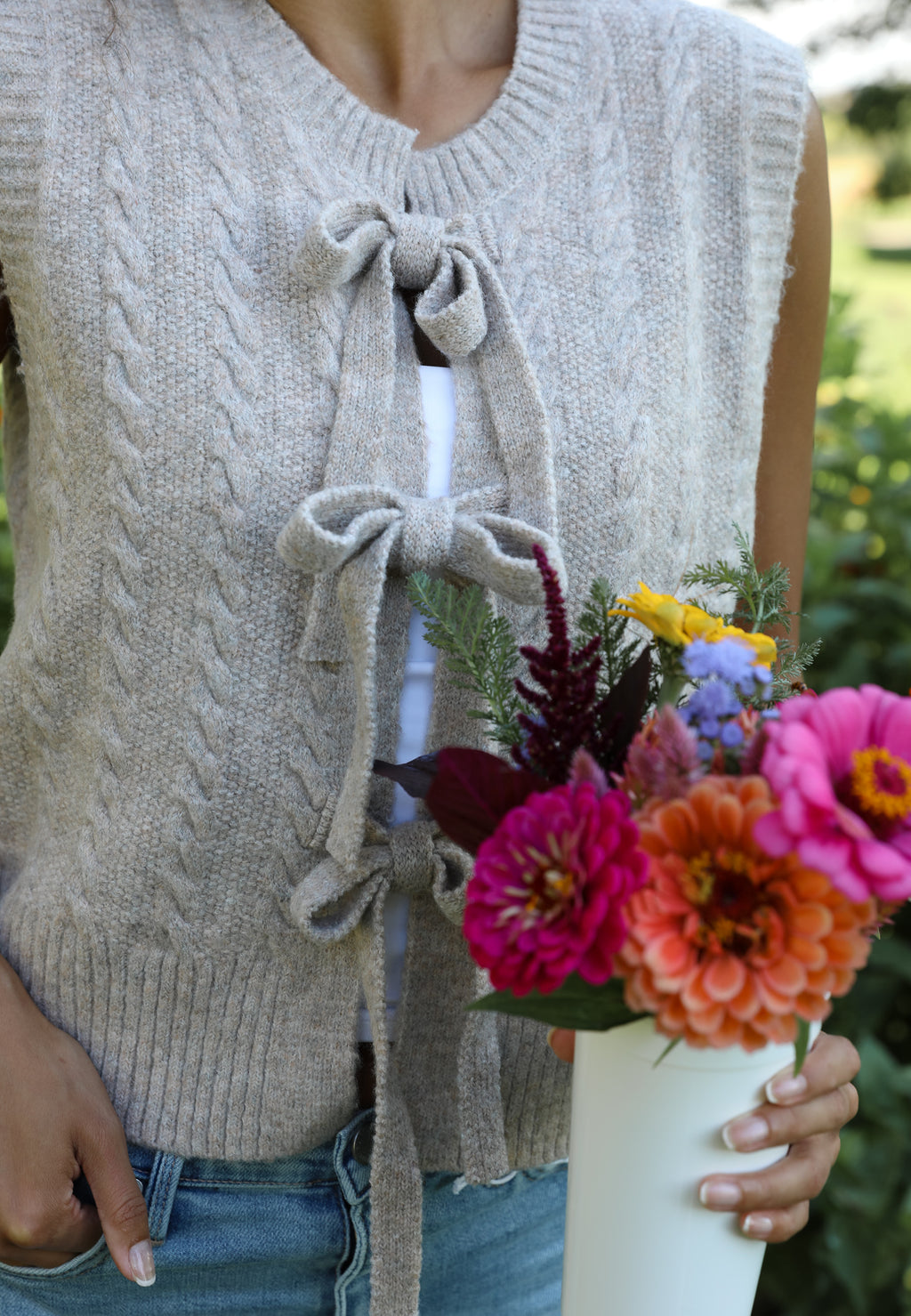 CABLE KNIT TIE FRONT VEST