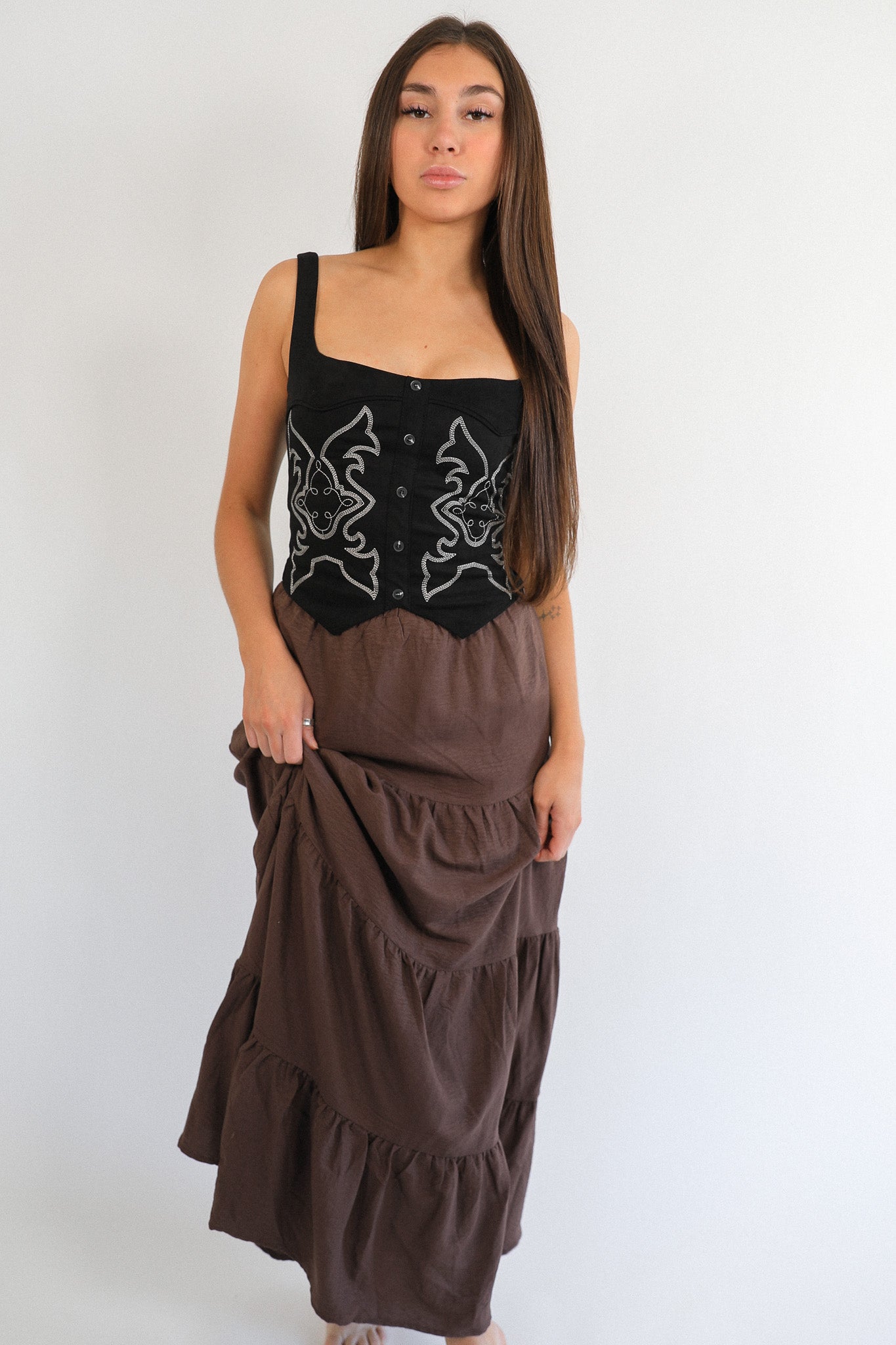 SOLID BROWN TIERED MAXI
