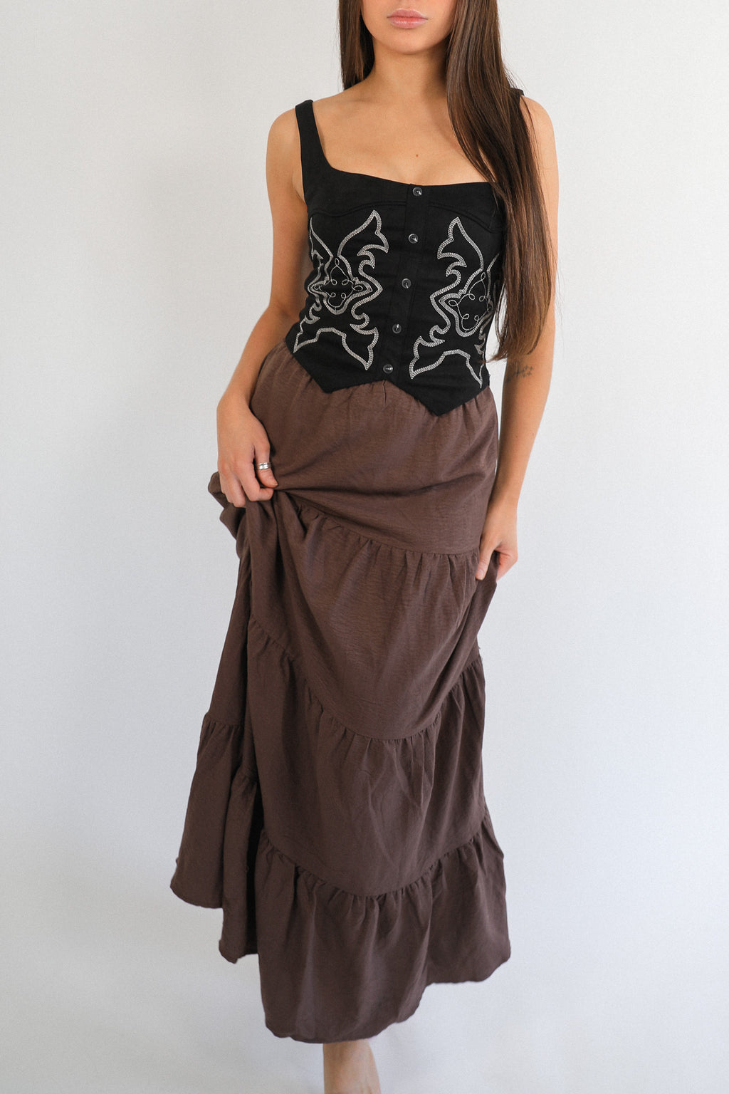SOLID BROWN TIERED MAXI