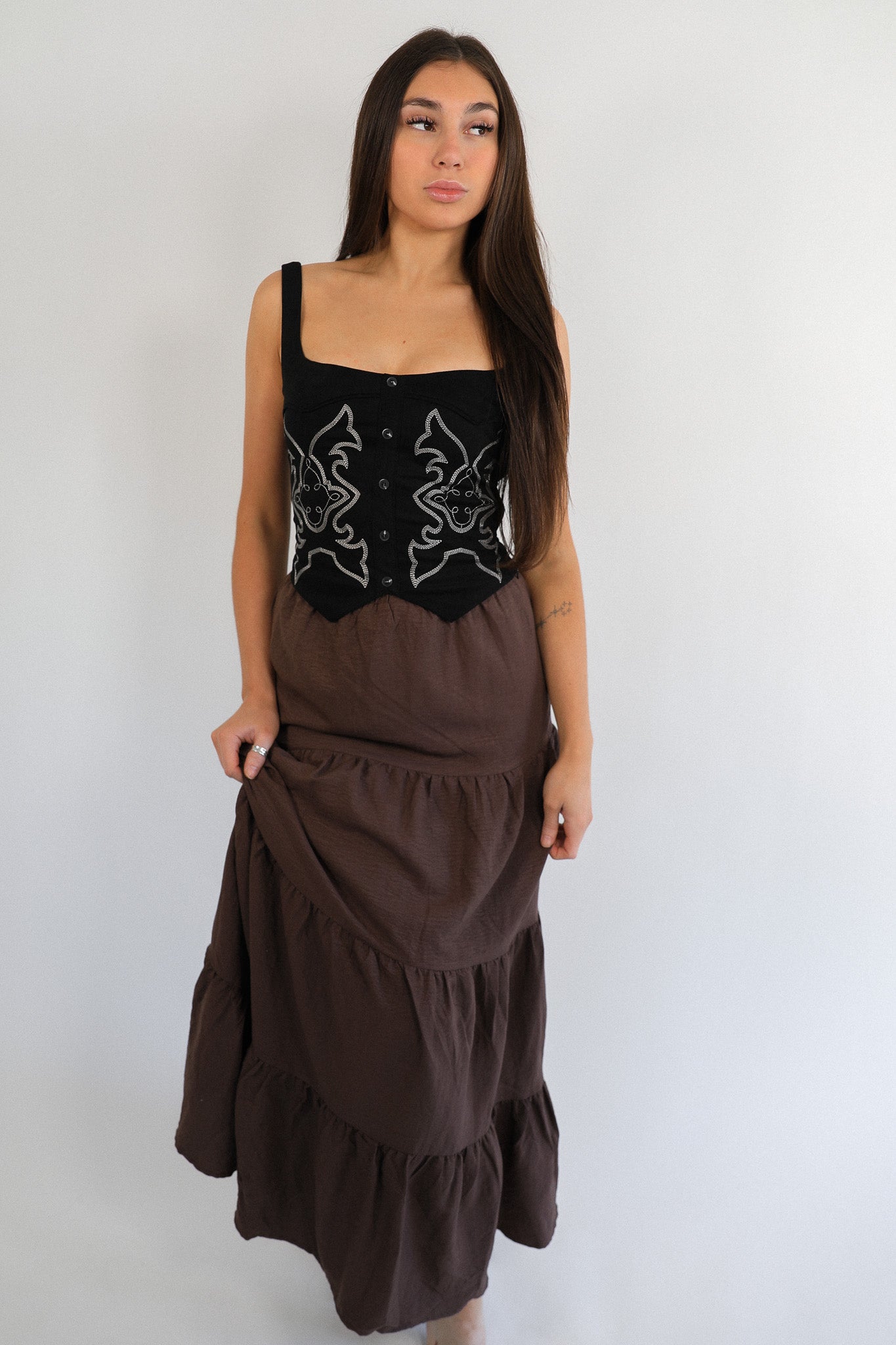 SOLID BROWN TIERED MAXI