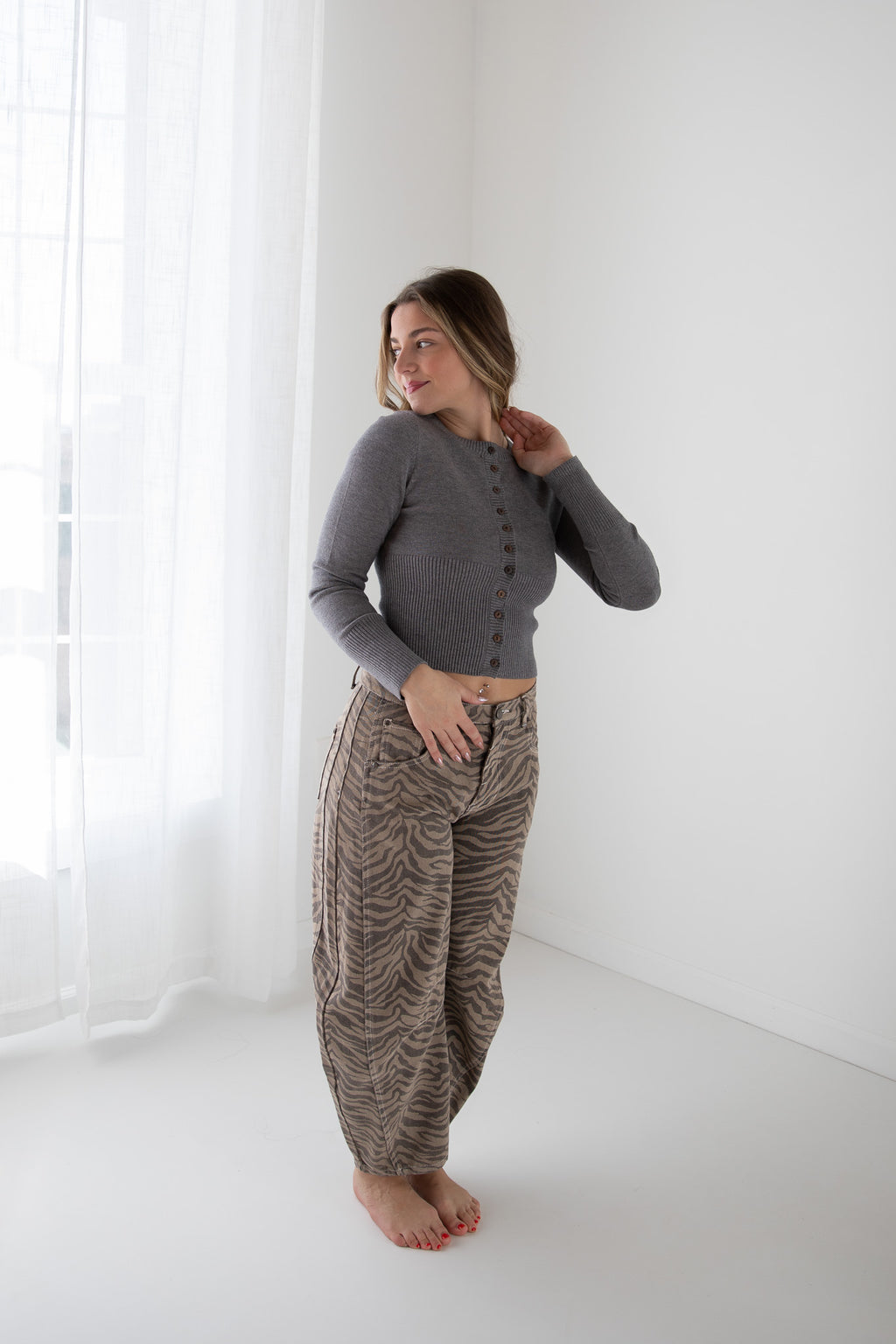 ZEBRA PRINT BARREL JEANS