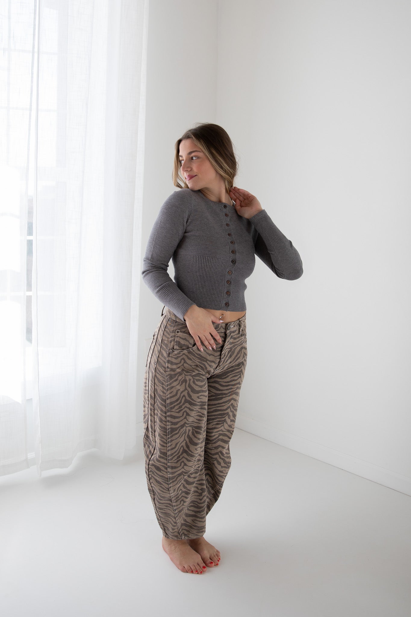 ZEBRA PRINT BARREL JEANS