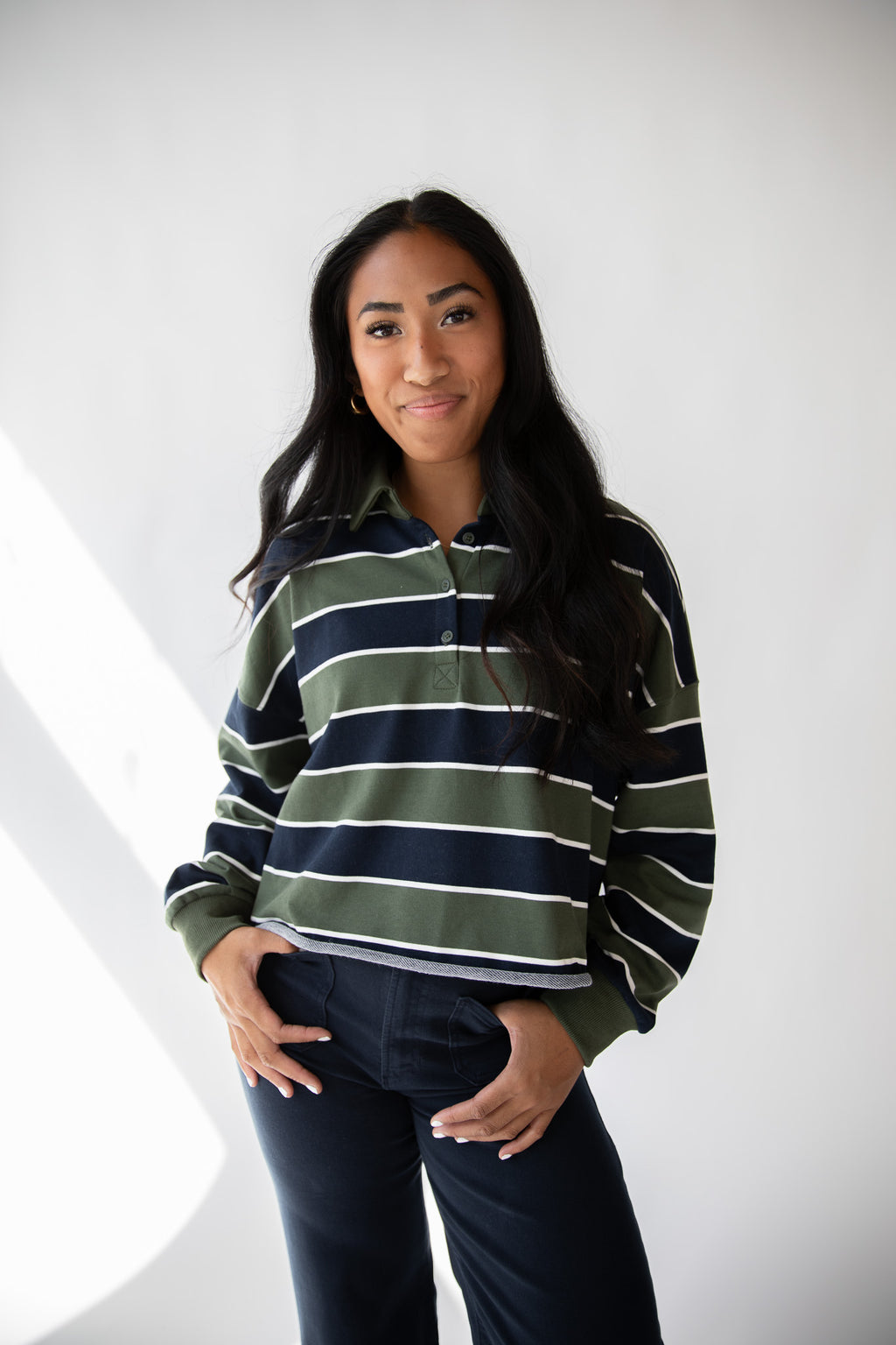 OLIVE STRIPE RUGBY POLO TEE