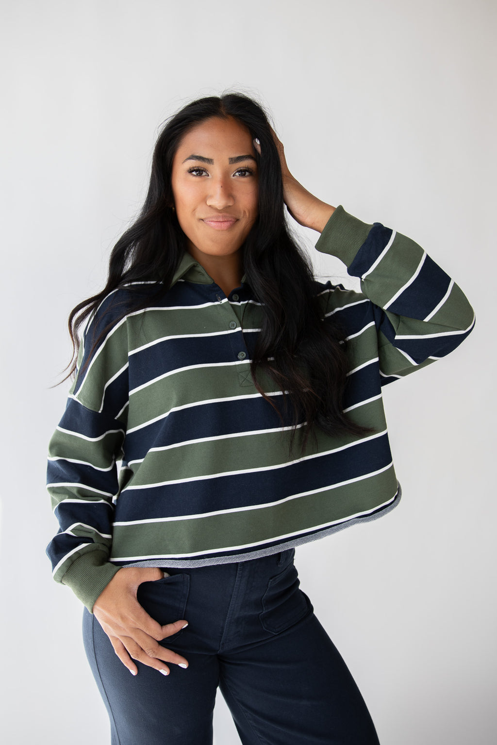 OLIVE STRIPE RUGBY POLO TEE