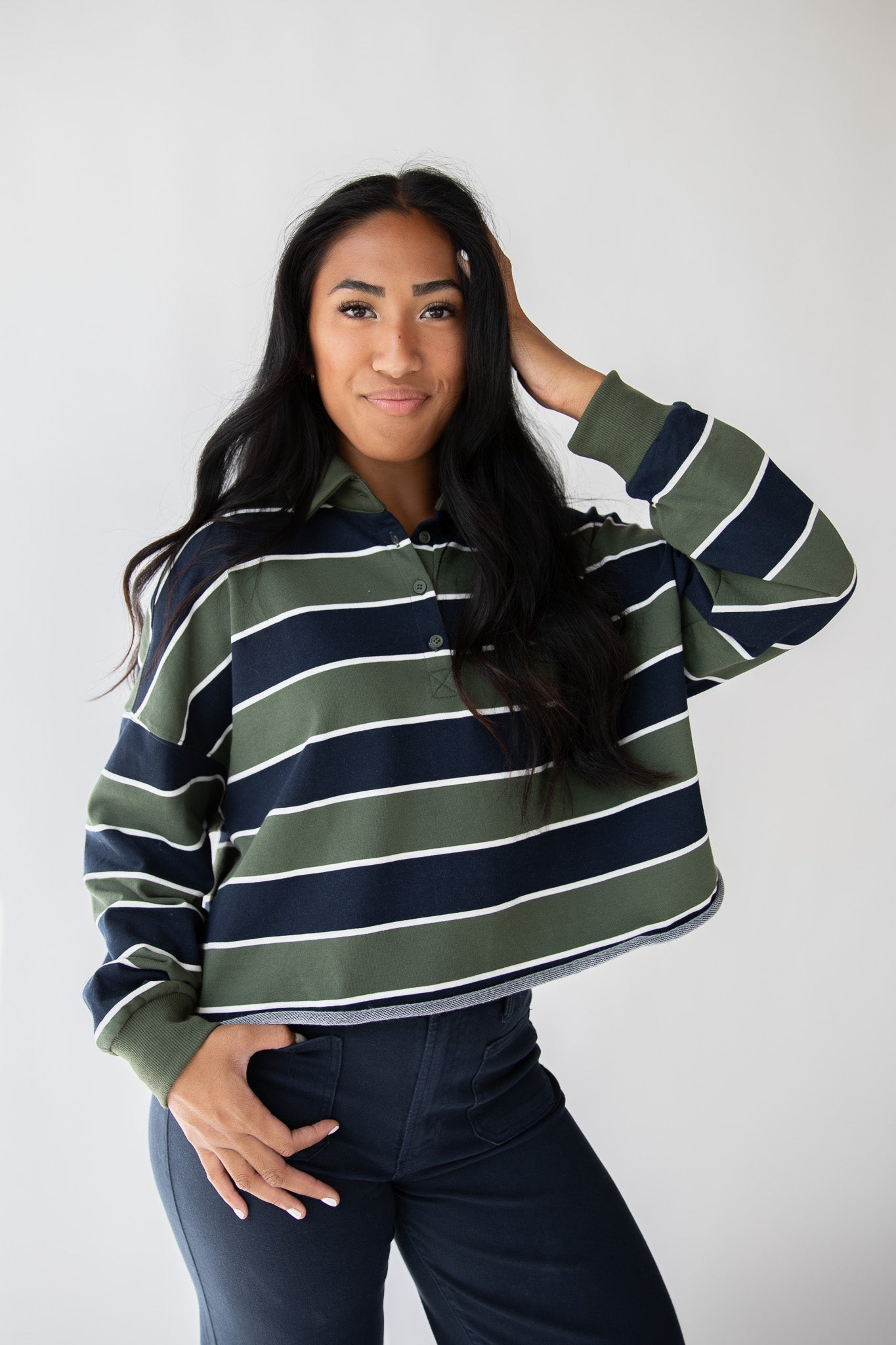 OLIVE STRIPE RUGBY POLO TEE