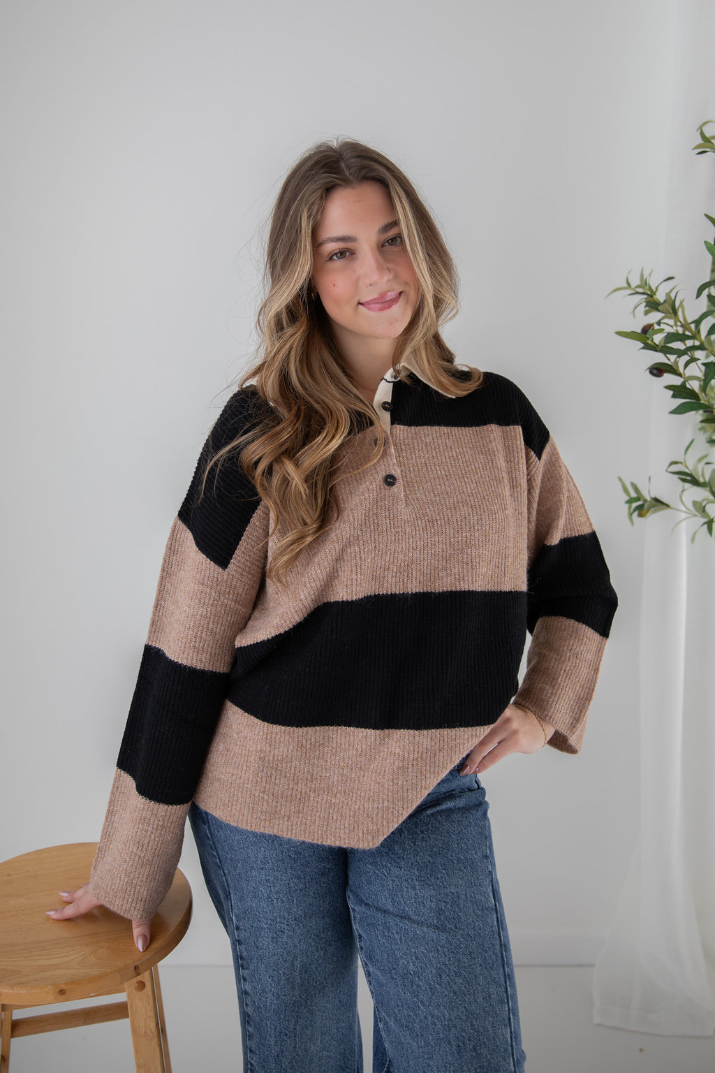 GENEVIEVE POLO STRIPED SWEATER