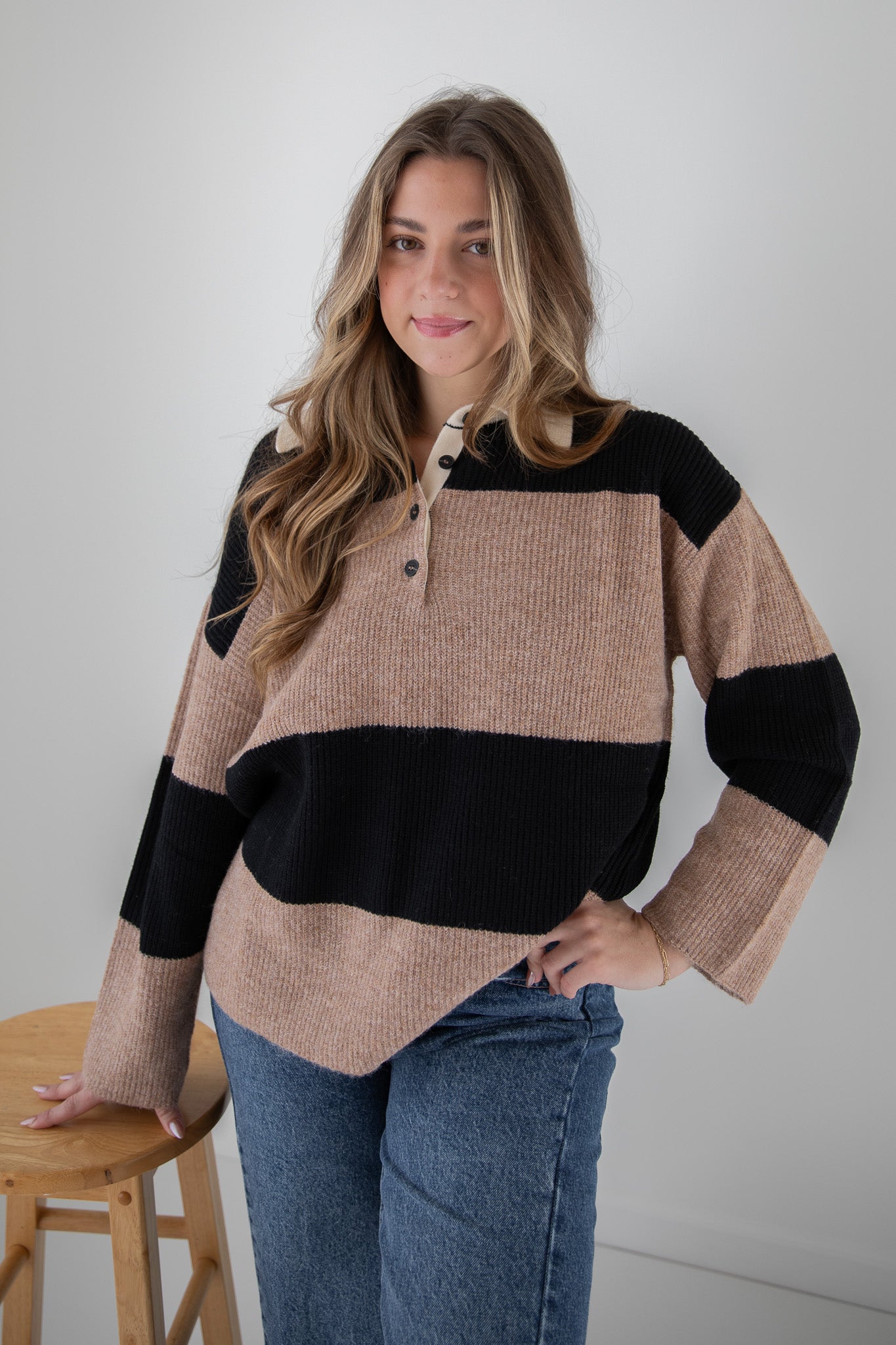 GENEVIEVE POLO STRIPED SWEATER