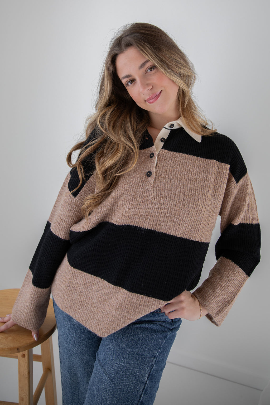 GENEVIEVE POLO STRIPED SWEATER