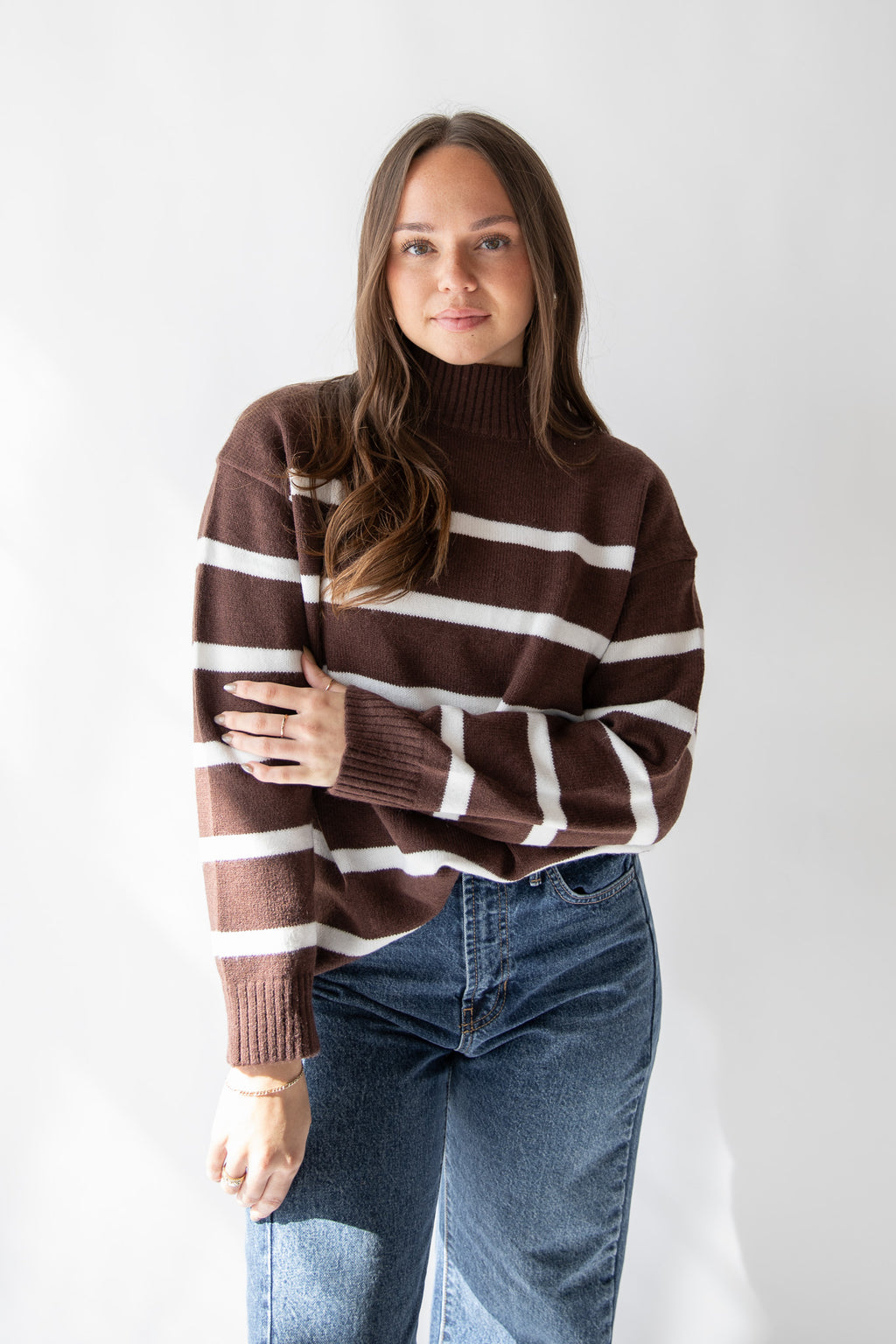 STRIPED MOCK NECK SWEATER