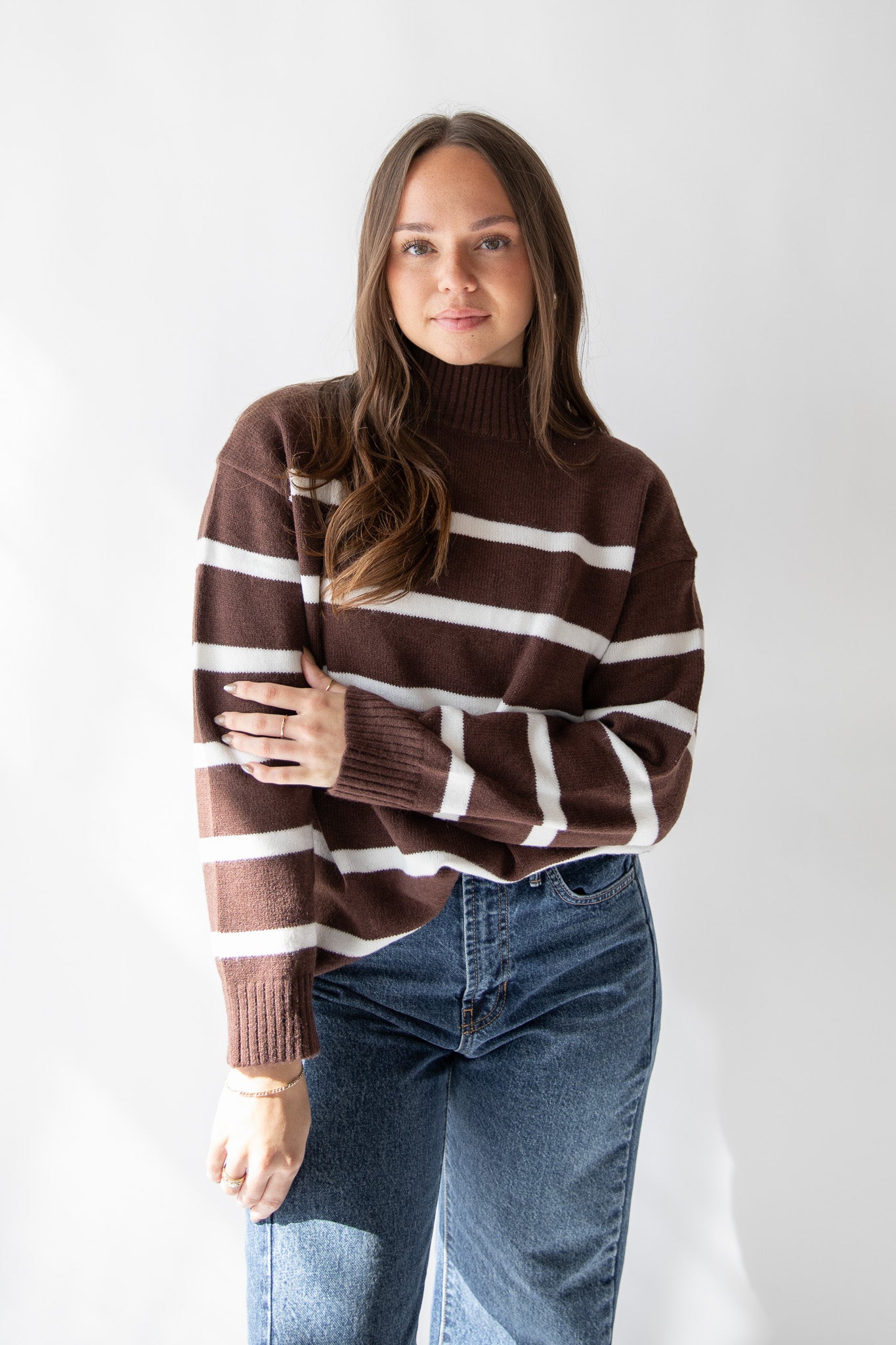 STRIPED MOCK NECK SWEATER