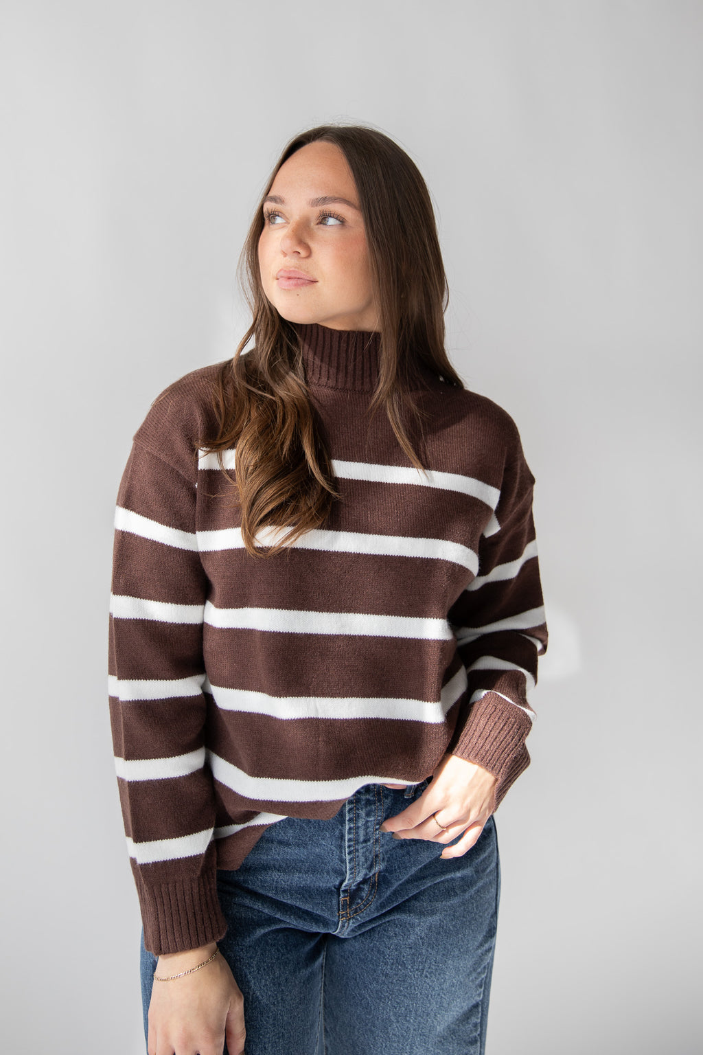 STRIPED MOCK NECK SWEATER