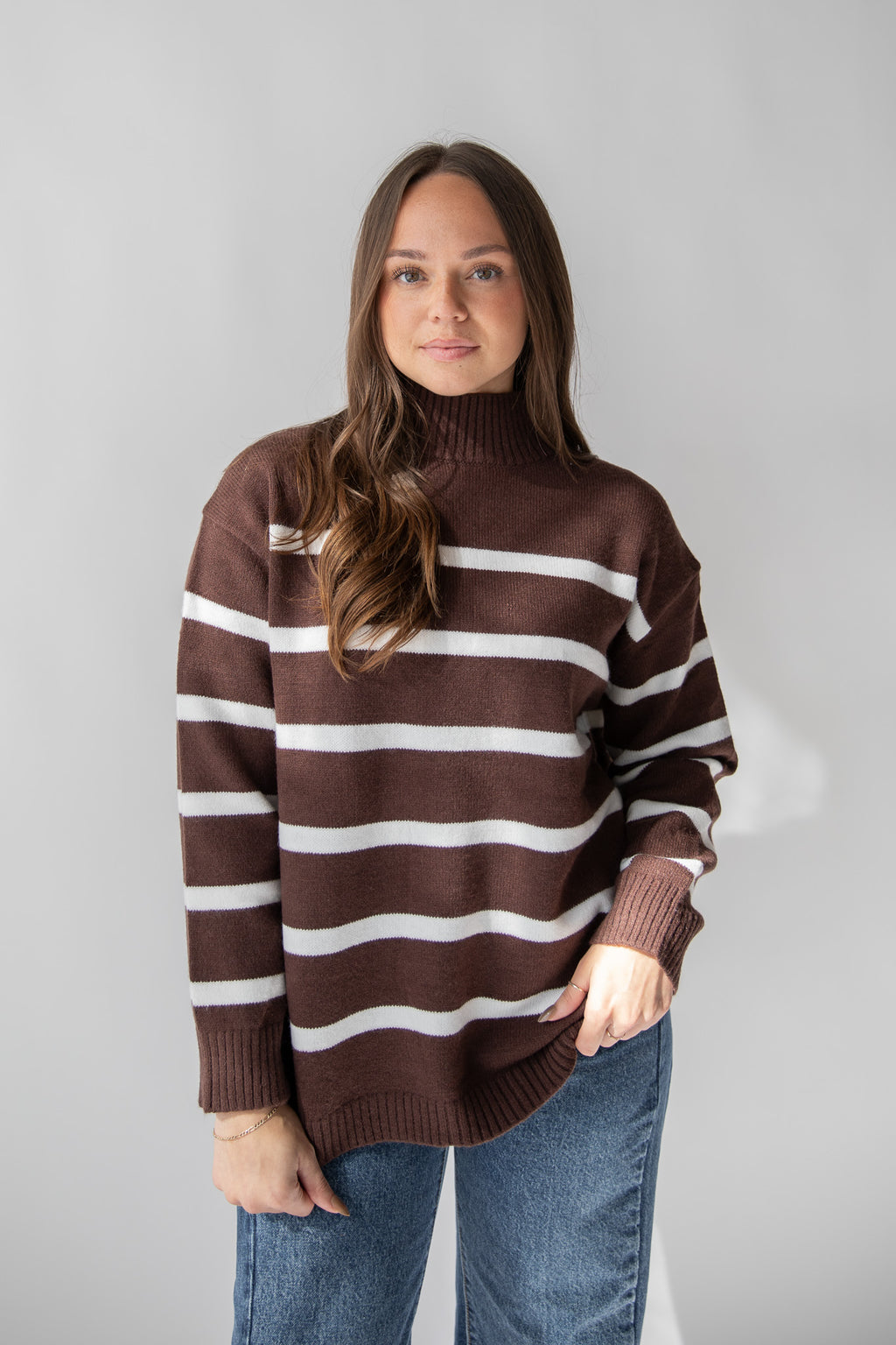 STRIPED MOCK NECK SWEATER
