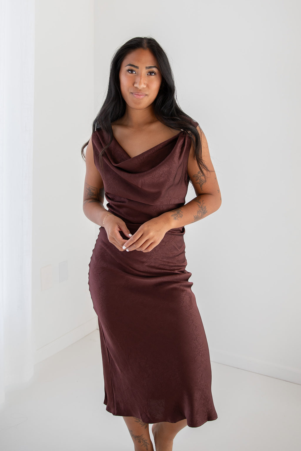 DELANEY COWL NECK MIDI DRESS