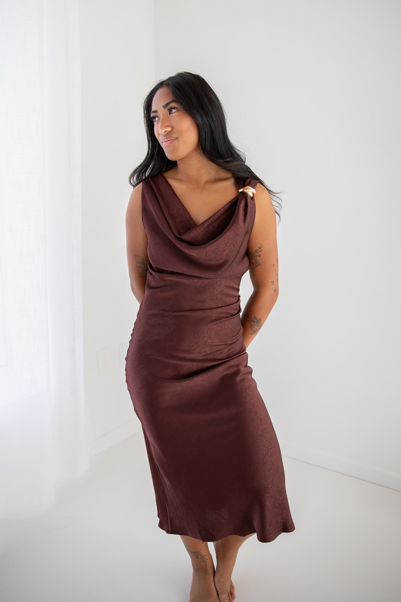 DELANEY COWL NECK MIDI DRESS