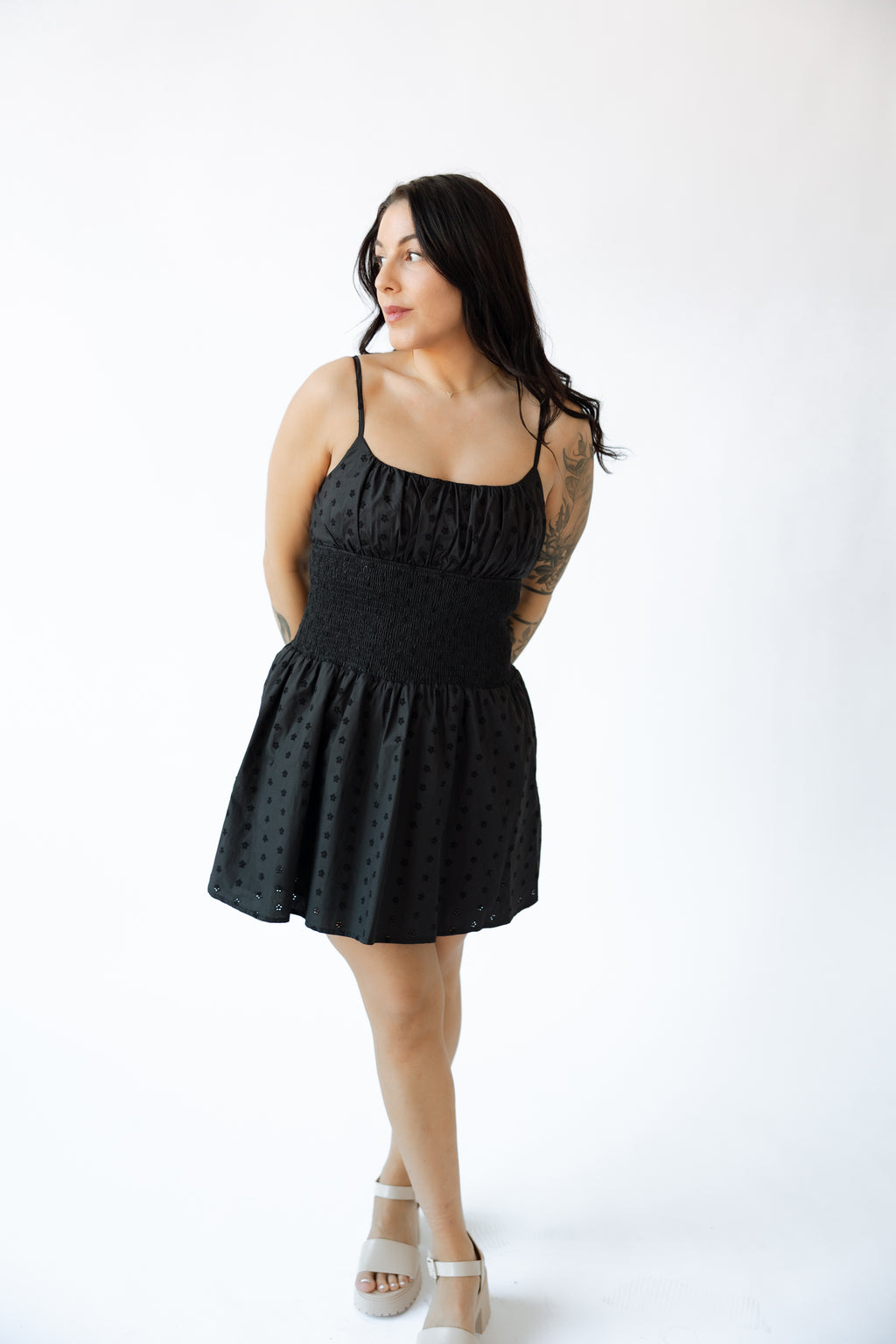 SMOCKING WAIST EYELET MINI DRESS