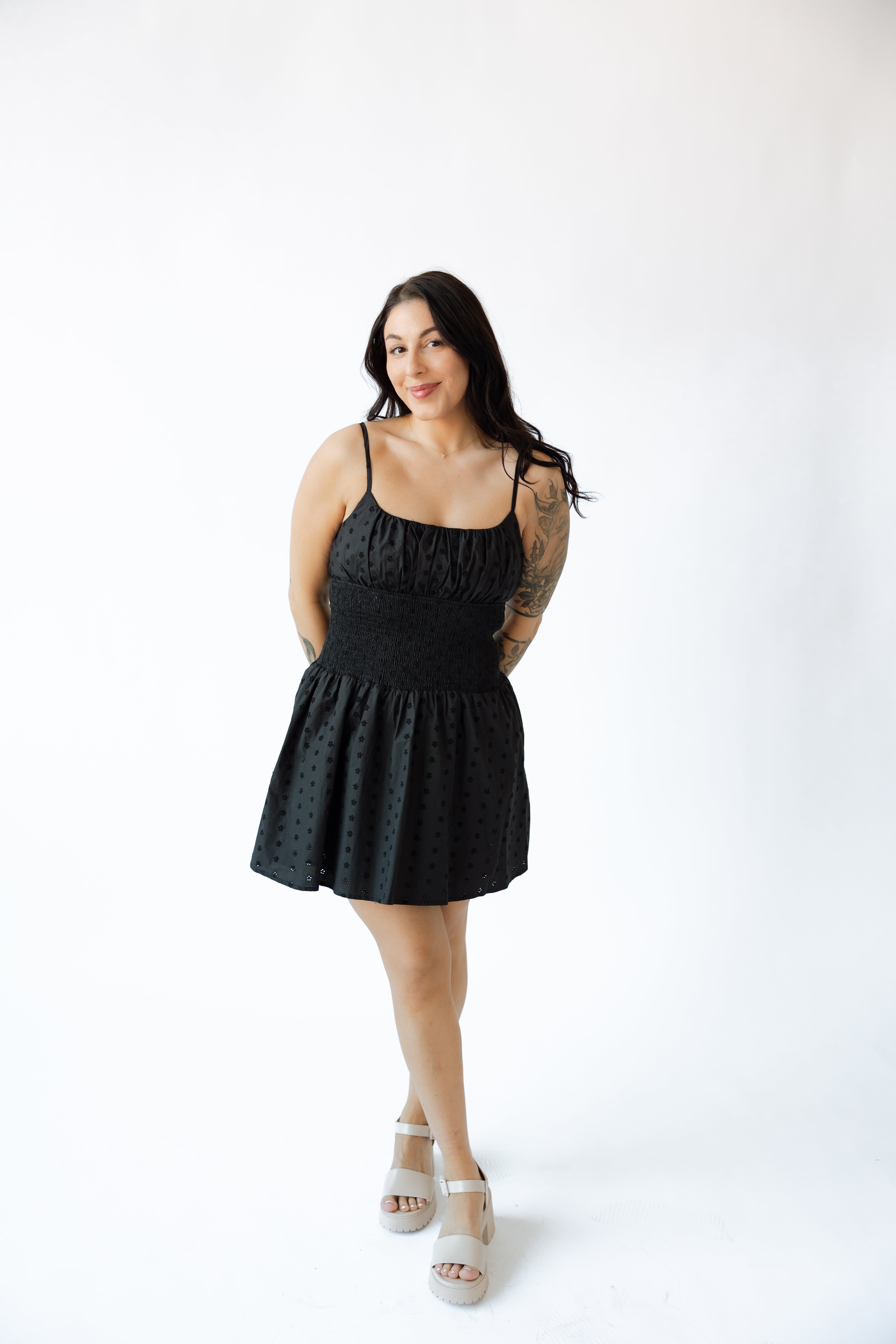 SMOCKING WAIST EYELET MINI DRESS