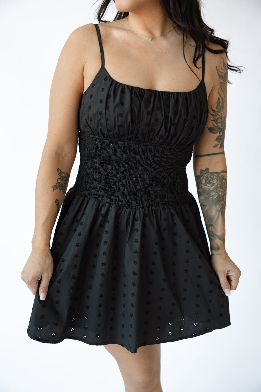 SMOCKING WAIST EYELET MINI DRESS