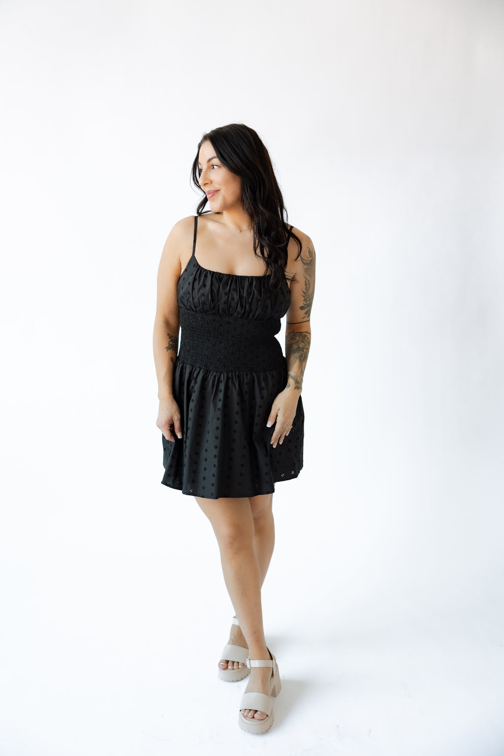 SMOCKING WAIST EYELET MINI DRESS
