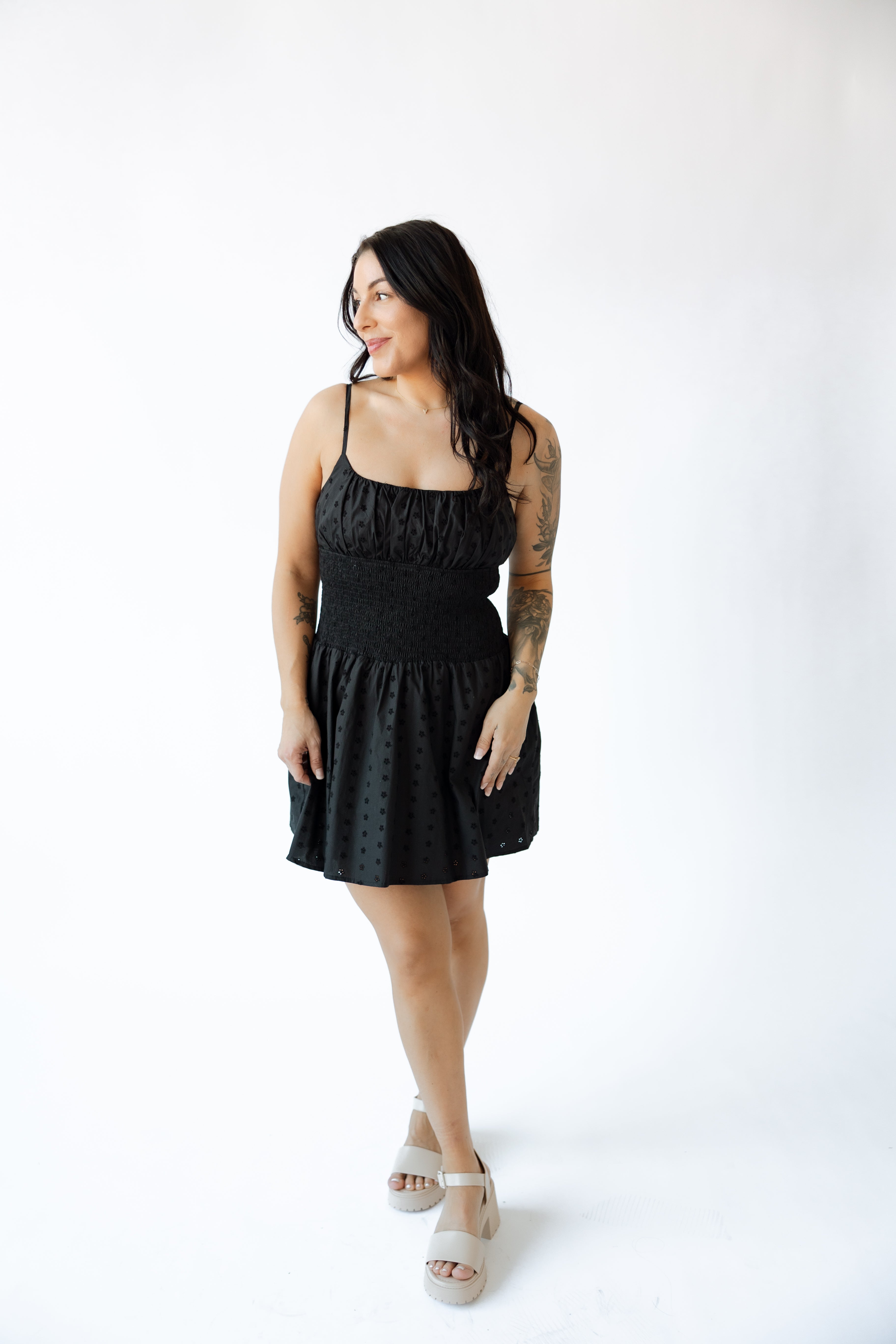 SMOCKING WAIST EYELET MINI DRESS
