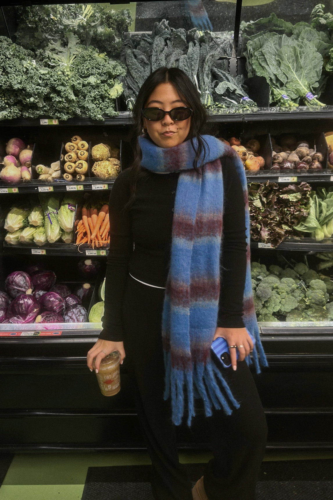 BLUE COLOR BLOCK TASSEL SCARF