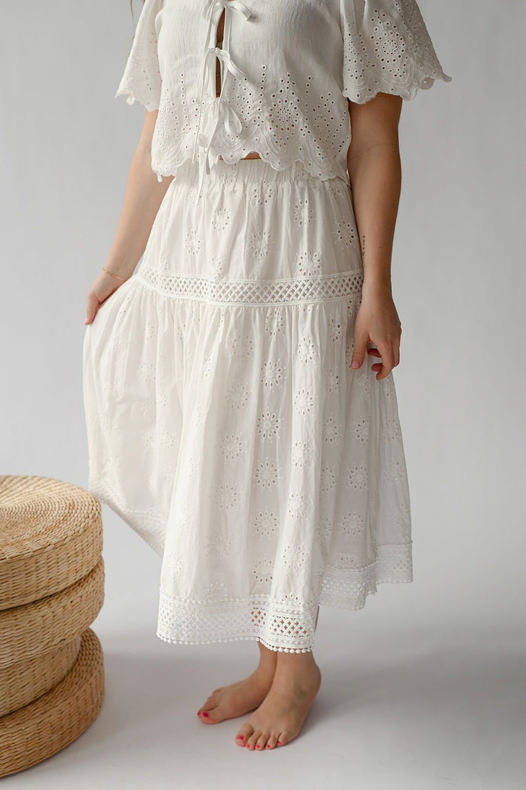 EYELET EMBROIDERED MIDI SKIRT