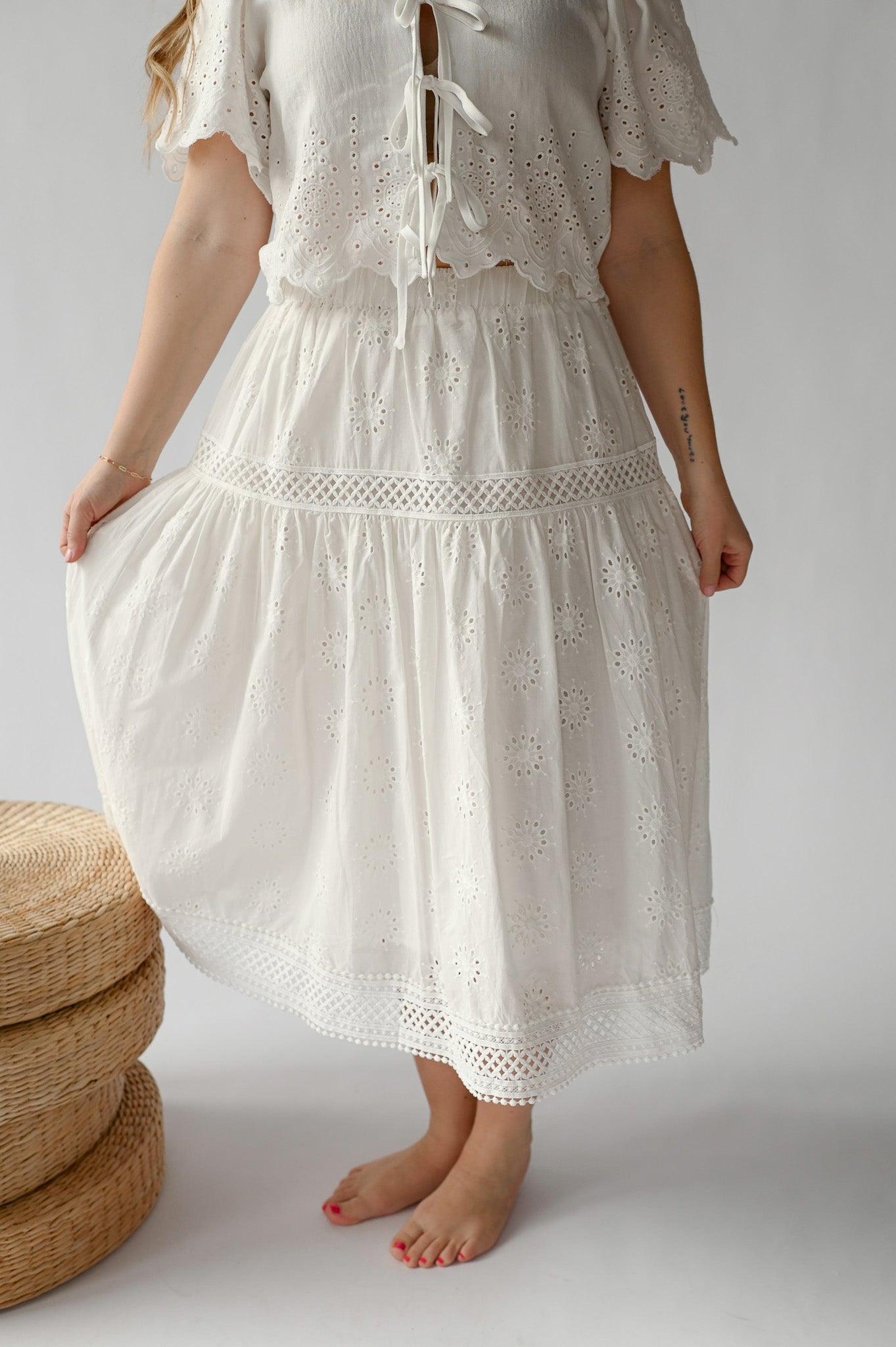 EYELET EMBROIDERED MIDI SKIRT