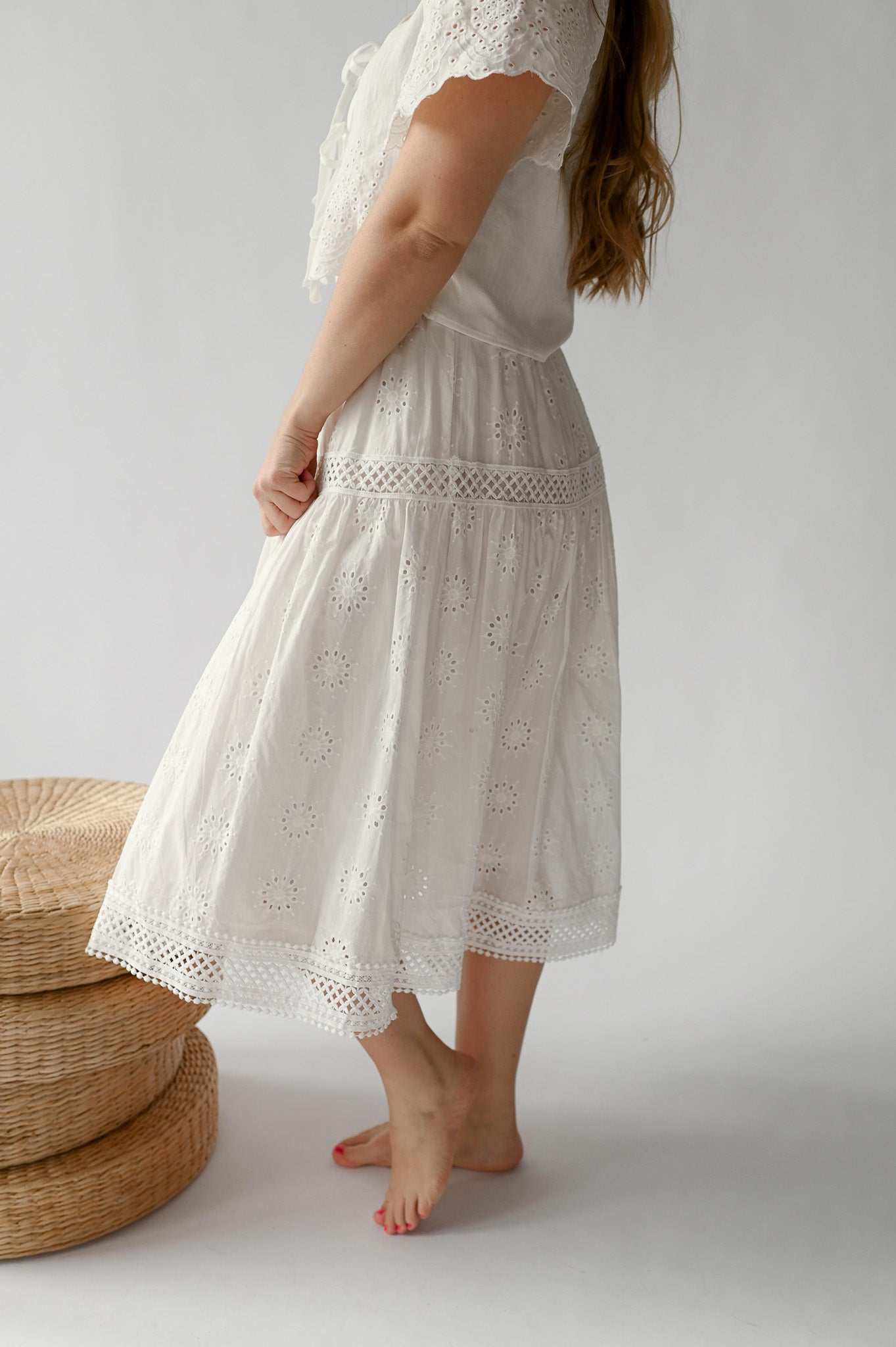 EYELET EMBROIDERED MIDI SKIRT