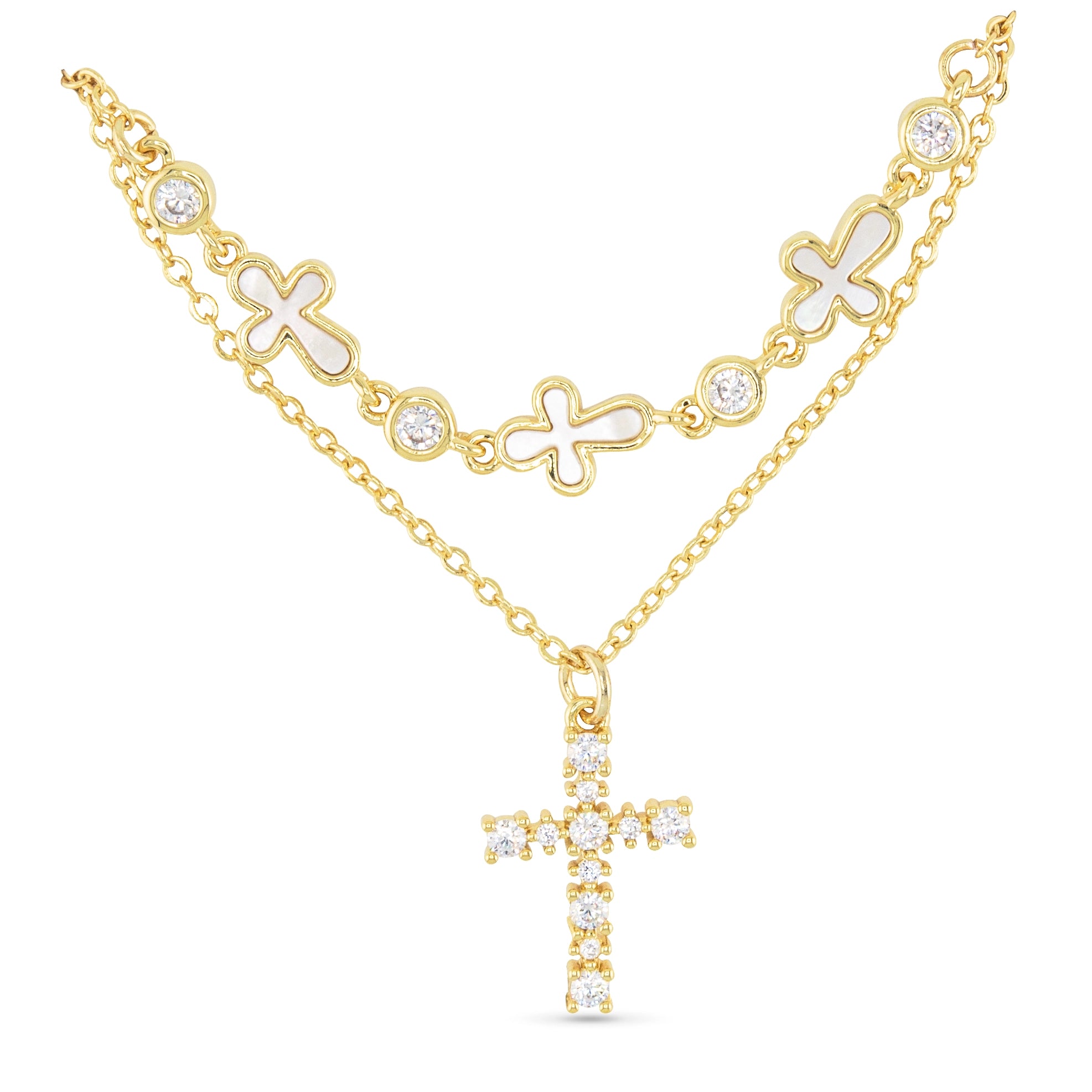 CZ + MOP DUAL CROSS NECKLACE