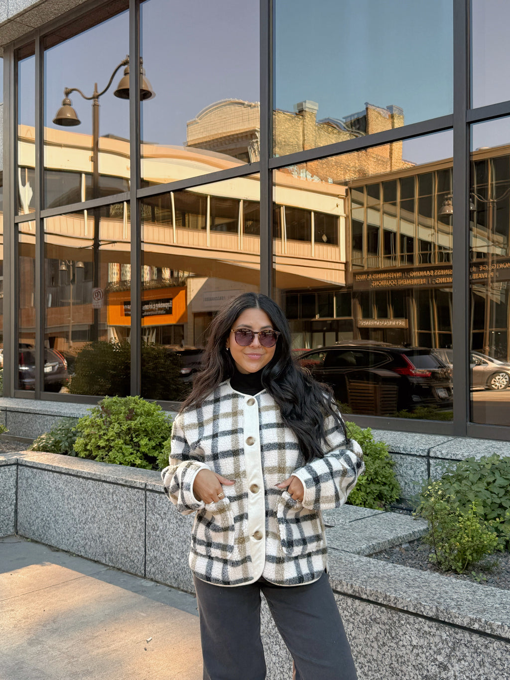 GOING PLACES PLAID SHERPA JACKET