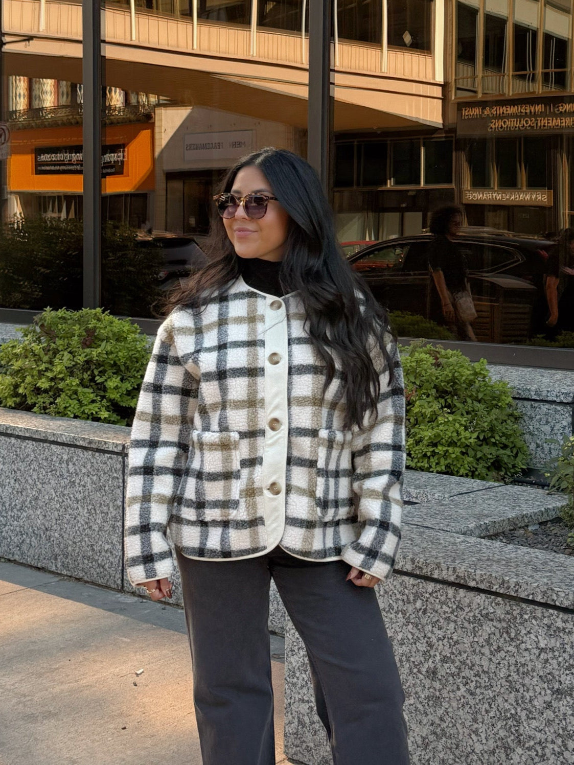 GOING PLACES PLAID SHERPA JACKET