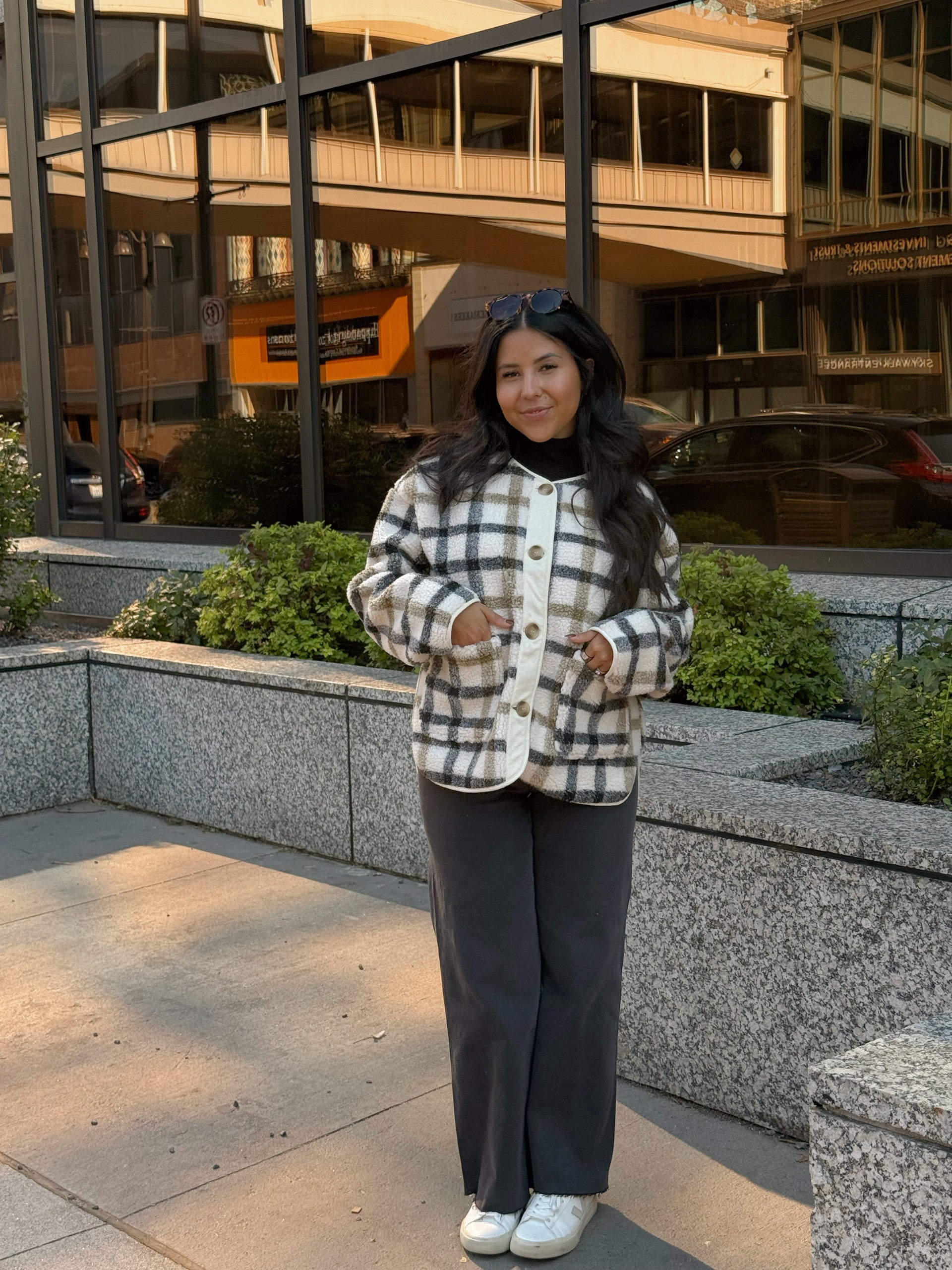 GOING PLACES PLAID SHERPA JACKET