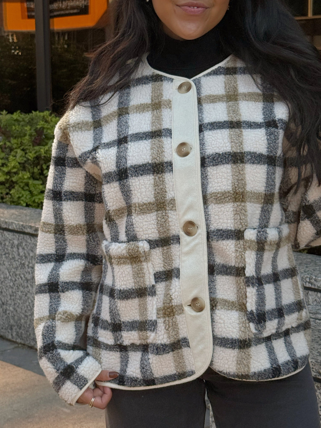 GOING PLACES PLAID SHERPA JACKET