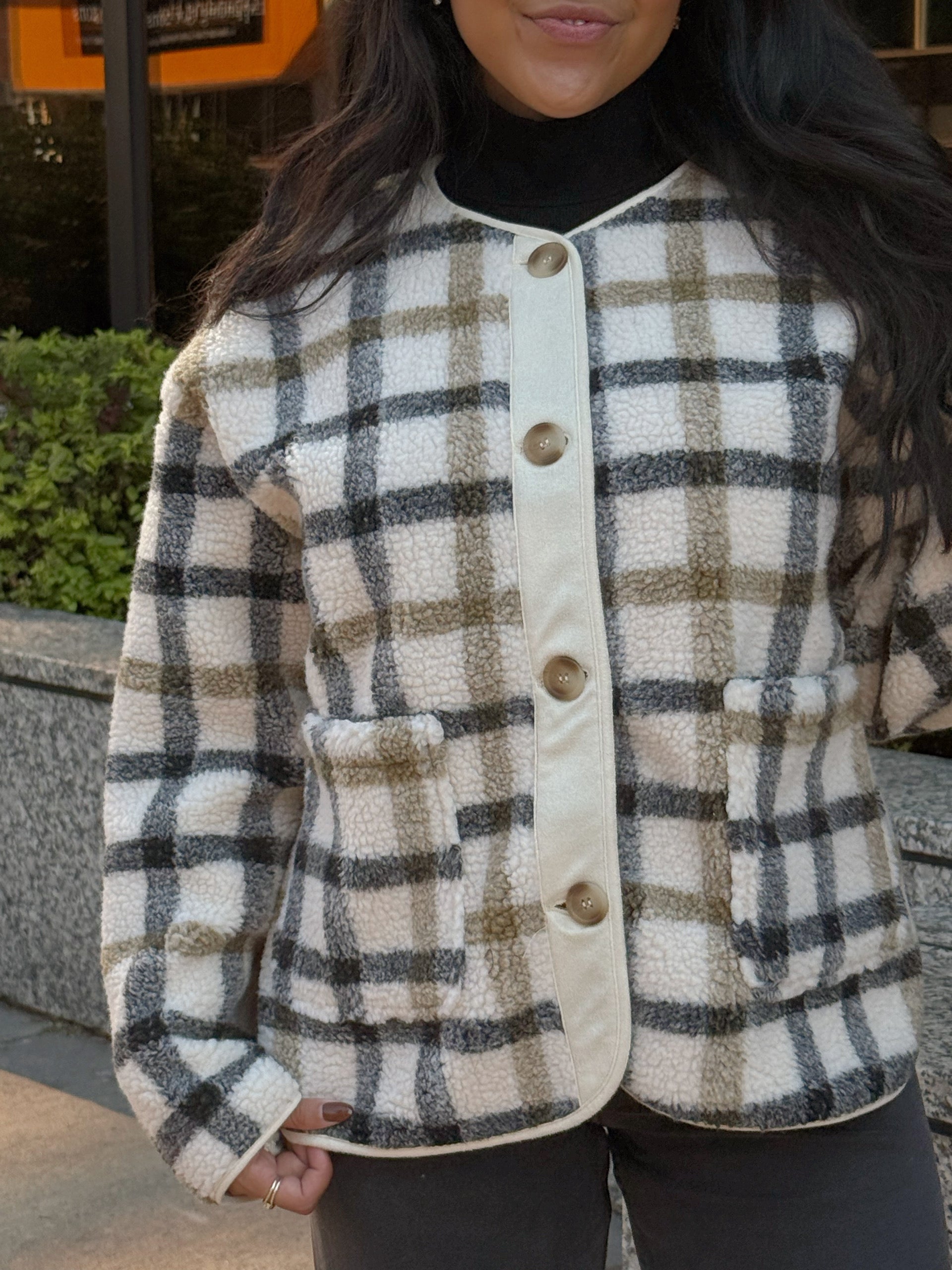 GOING PLACES PLAID SHERPA JACKET